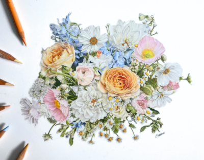Originally created by Maddie Jaydee Designs, this beautiful, soft bouquet was a joy to draw. I love the combination of peach-coloured roses and blue flowers.